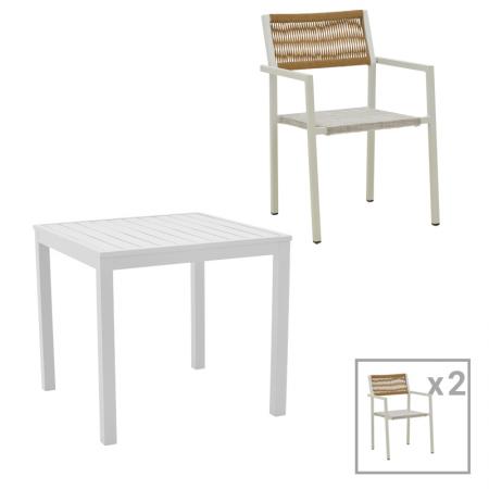 Трапезна маса Savor-Kliton комплект от 3  бял алуминий и ратан в естествен цвят 80x80x74см